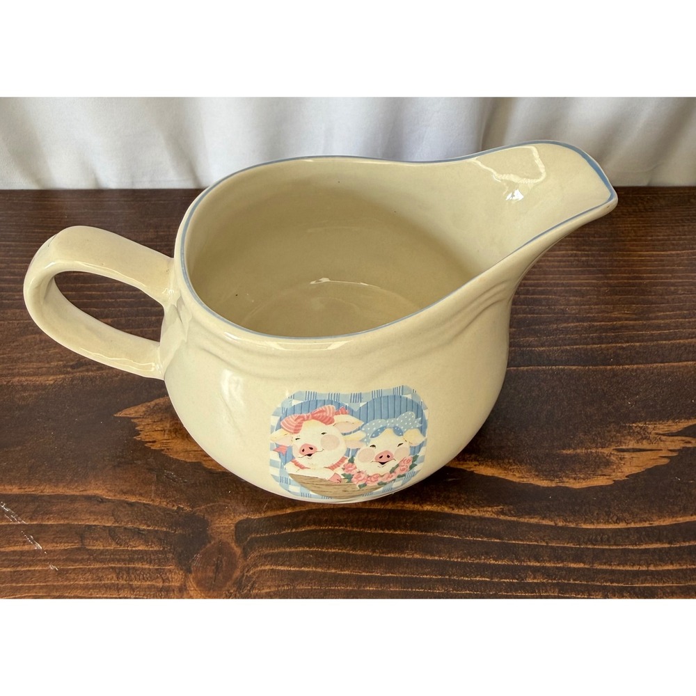 VTG‎ Tienshan Stoneware Gravy Boat Pitcher Cream Country Pig Pals Blue Gingham